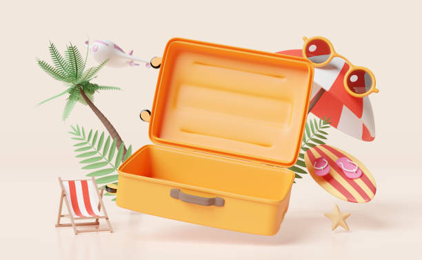 istock summer travel with open empty suitcase, beach chair, sunglasses, surfboard, umbrella, coconut tree isolated on orange background. concept, 3d illustration render, clipping path 1500751519