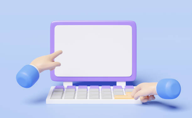 istock 3d businessman using laptop with blank computer screen isolated on blue background. template, mockup concept, 3d render illustration, clipping path 1500751615