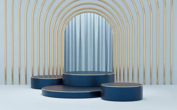 istock 4 Empty blue cylinder podium with gold border on blue arch and curtain background. Abstract minimal studio 3d geometric shape object. Mockup space for display of product design. 3d rendering. 1500751877