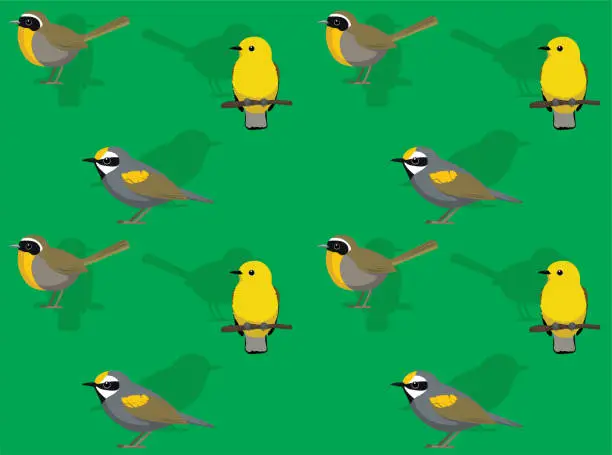 Vector illustration of Bird Yellowthroat Prothonotary Warbler Cute Cartoon Poses Seamless Wallpaper Background