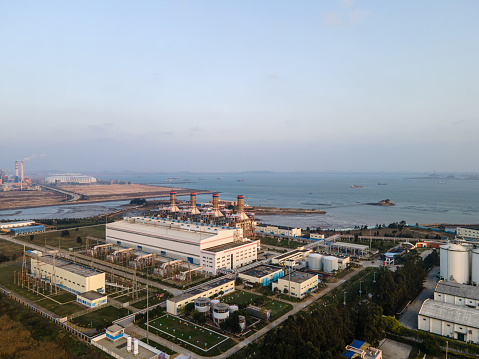 Aerial view of the seaside energy gas power plant