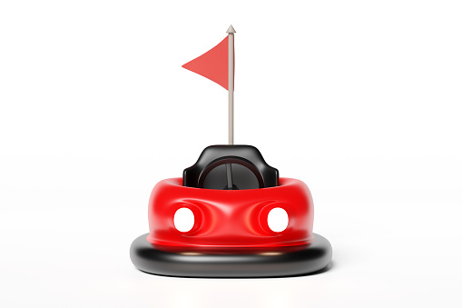 3d amusement park concept with red electric bump car isolated on white background. 3d render illustration, clipping path