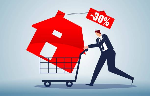 illustrazioni stock, clip art, cartoni animati e icone di tendenza di i prezzi delle case crollano, le case sono in vendita, l'economia immobiliare è in recessione e gli uomini d'affari stanno spingendo i carrelli della spesa a comprare case che hanno visto i loro prezzi ridotti del trenta per cento - interest rate percentage sign moving down sadness