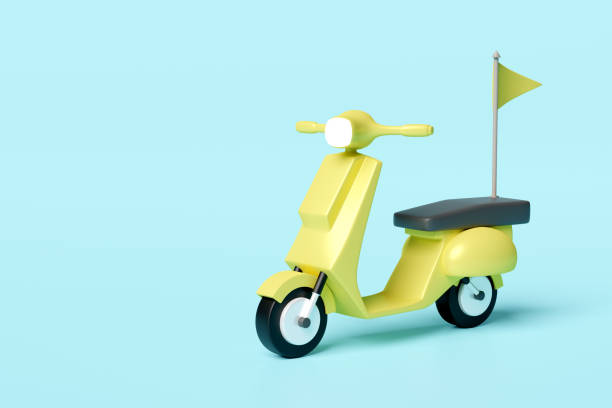 istock Online delivery or online order tracking concept, Fast package shipping with scooter, flag isolated on blue background. 3d illustration render, clipping path 1500754132