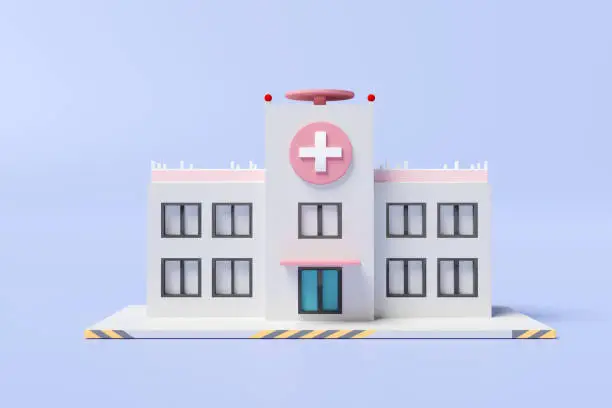 Photo of 3d hospital building icon isolated on blue background. 3d render illustration, clipping path
