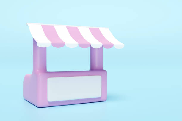 istock 3d pink white booth shop icon or empty retail store front with striped awning isolated on blue background. startup franchise business concept, 3d render illustration, clipping path 1500754635