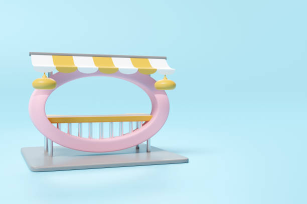 istock 3d booth shop icon or empty retail store front with striped awning isolated on blue background. startup franchise business concept, 3d render illustration, clipping path 1500754636