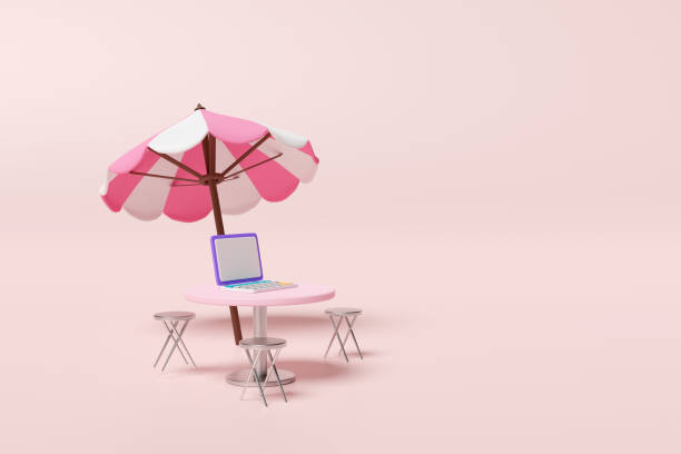 istock 3d round table with lawn chair, laptop computer, umbrella isolated on pink background. relax summer vacation concept, 3d render illustration, clipping path 1500754766