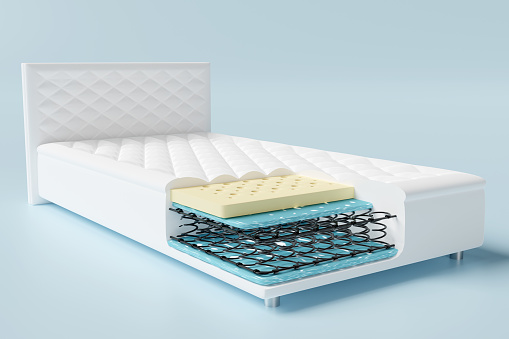 3d layered sheet material mattress with air fabric, coil spring, natural latex, memory foam isolated on blue background. 3d render illustration, clipping path