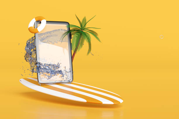 istock mobile phone or smartphone with water splash, palms, search magnifying, surfboard, lifebuoy isolated on yellow background. online shopping, summer travel vacation concept, 3d render illustration 1500754824