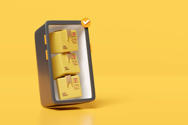 istock mobile phone, smartphone with delivery, goods cardboard box isolated on yellow background. online shopping, order tracking concept, 3d illustration or 3d render, clipping path 1500754855