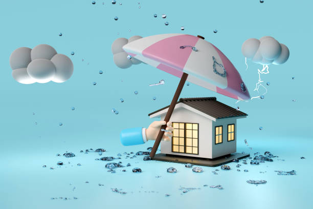 istock 3d house with businessman hands holding umbrella, cloud, drop rain water, thunder isolated on blue background. protection and security concept, 3d render illustration 1500755440