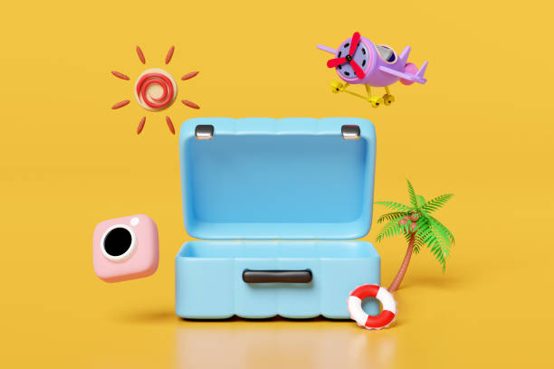 istock 3d blue open suitcase empty with airplane, sun, plane, palm tree, camera isolated on yellow background. summer travel concept, 3d render illustration, clipping path 1500755465
