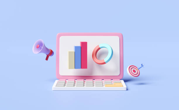 istock 3d financial report charts, graph on laptop screen with megaphone, target, darts isolated on blue background. Online marketing, business strategy, data analysis, 3d render illustration, Clipping path 1500755475