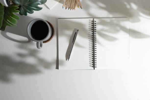 istock Blank notepad, pen, coffee cup and potted plant on white office desk. Flat lay, Top view. 1500756125