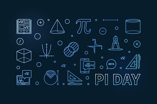 Pi Day Mathematical Constant concept vector outline horizontal blue banner - Celebrate Mathematics illustration with dark background