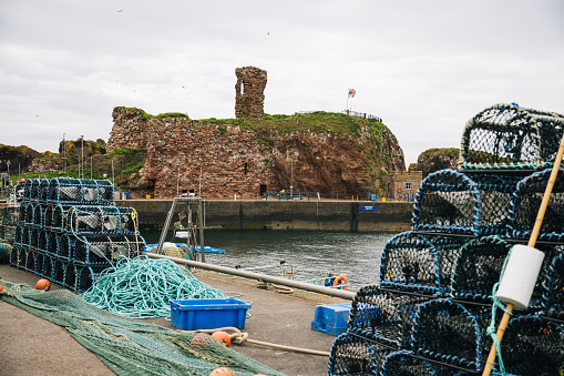 Fishing cages and nets in foreground