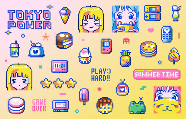 ilustrações de stock, clip art, desenhos animados e ícones de summer pixel sticker set. y2k 8 bit pixel art set featuring cute kawaii elements - anime girl, ice cream, cake, cookie, frog, pineapple, street food, syrup ice, digital watch, and portable console - nerd technology old fashioned 1980s style