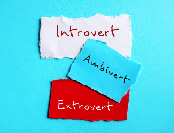 istock Torn paper on blue background with handwritten text - INTROVERT EXTROVERT AMBIVERT, Introverts tend to feel drained after socializing while extroverts tend to feel energized, and ambivert is in the middle 1500761327