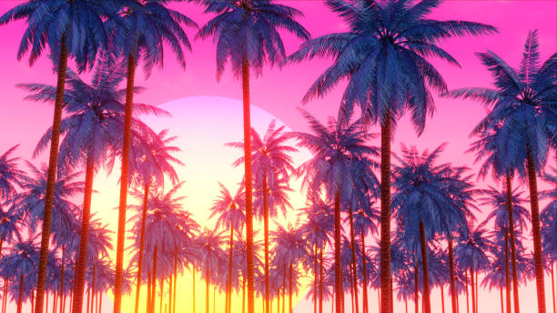 Sunset Palms Beach, Vaporwave Aesthetic Sunset Palms Beach, Vaporwave Aesthetic north shore stock pictures, royalty-free photos & images