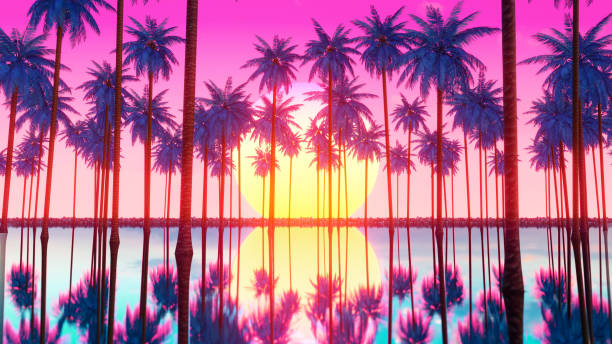 sunset palms beach, vaporwave estética - north shore hawaii islands oahu island fotografías e imágenes de stock
