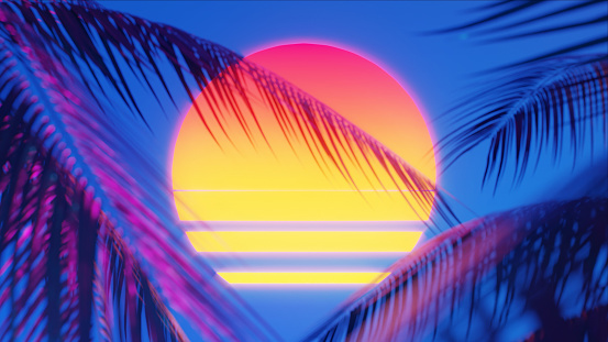 Sunset behind palm leaf, Retrowave Background