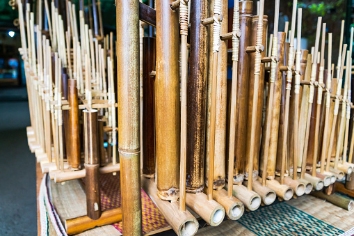 Angklung, folk musical instrument among the Sundanese people in Indonesia. Indonesian traditional musical instrument is made of bamboo.