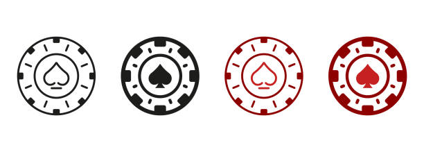 żeton pokerowy. money bet, circle token symbol collection. chip casino, vegas roulette line i zestaw ikon sylwetki. zagraj w monetę, szczęście i ryzyko w piktogramie gry hazardowej. izolowana ilustracja wektorowa - silhouette poker computer icon symbol stock illustrations