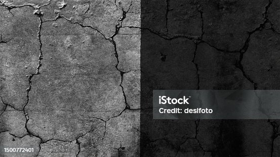 istock Dark grey and black colored grunge textured effect rough rustic texture over horizontal plain empty blank vector cracked divided or split clay background with a messy grayscale white paint on the left half 1500772401