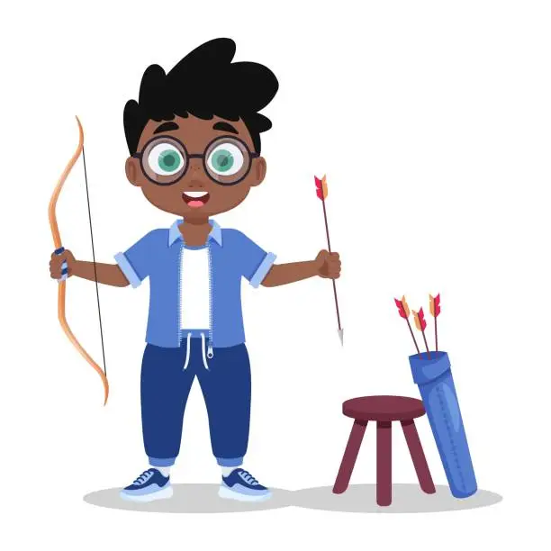 Vector illustration of Cute boy shoots a bow, vector illustration