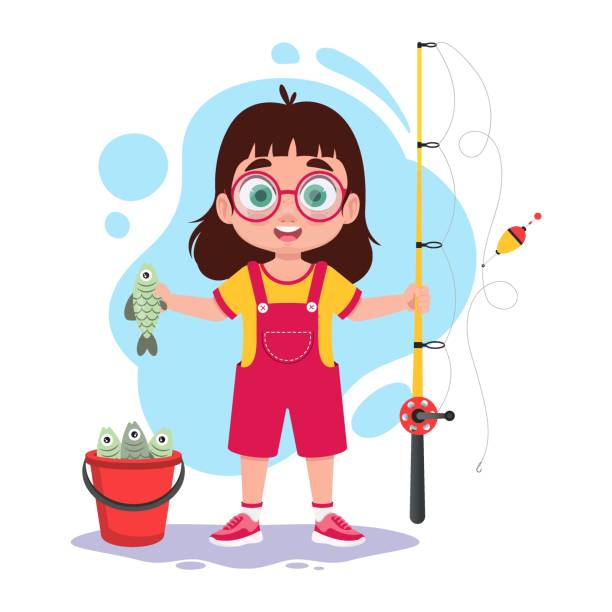 istock Girl fishing, the child caught a fish 1500775898
