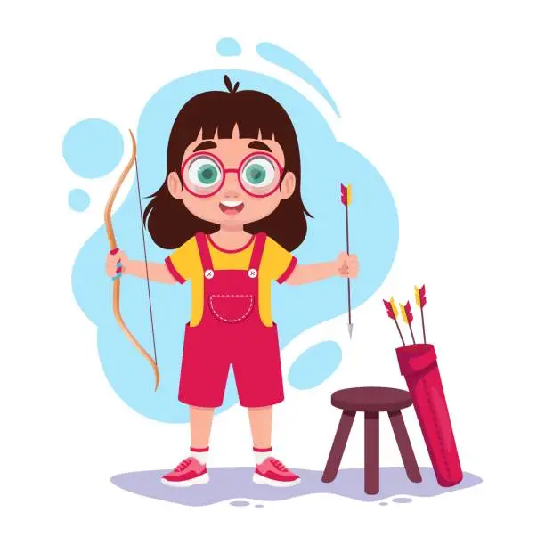 Vector illustration of Girl shoots a bow, happy child with a bow in his hands