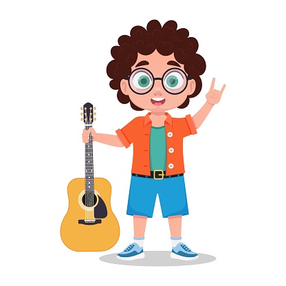 Child with guitar showing rock gesture