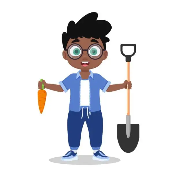 Vector illustration of A boy with a carrot in his hand, harvests