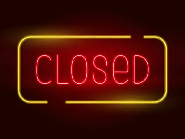 Vector illustration of Red and yellow closed neon sign vector. Glowing neon Closed sign on dark red background.