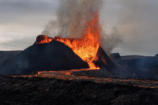 Fagradalsfjall volcano eruption and lava flow in Reykjanes Peninsula, Iceland