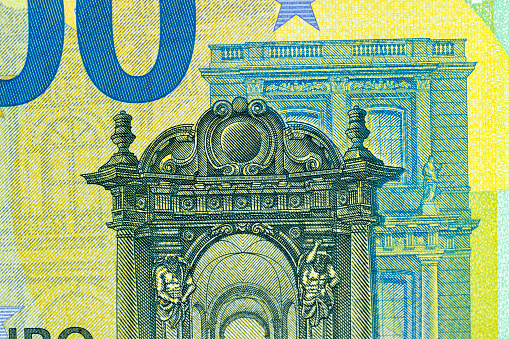 details of the one hundred euro European banknote , a close-up of a part of the 100 euro banknote of the European Union