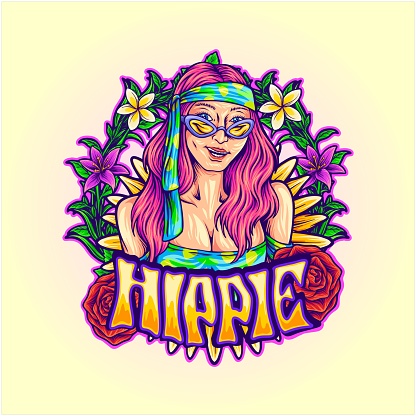 Hippie girl joyful smiling with bohemian frame illustration vector illustrations for your work logo, merchandise t-shirt, stickers and label designs, poster, greeting cards advertising business company or brands