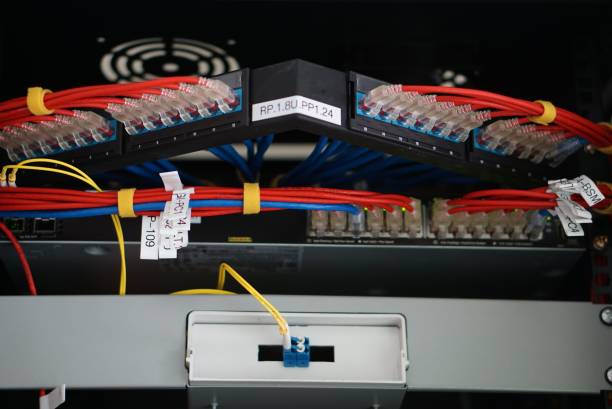istock Fiber optic and RJ45 Internet Connector into LAN Router Switch. 1500781194