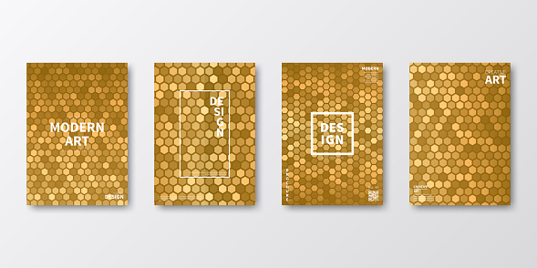 Set of four vertical brochure templates with modern and trendy backgrounds, isolated on blank background. Abstract geometric illustrations with mosaics of hexagons and beautiful color gradient (colors used: Yellow, Beige, orange, Brown, Green). Can be used for different designs, such as brochure, cover design, magazine, business annual report, flyer, leaflet, presentations... Template for your own design, with space for your text. The layers are named to facilitate your customization. Vector Illustration (EPS file, well layered and grouped). Easy to edit, manipulate, resize or colorize. Vector and Jpeg file of different sizes.