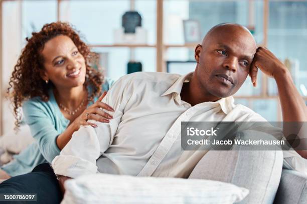 Comfort Fight And Couple On Sofa For Marriage Problems Frustrated And Depression In Living Room Bad Communication Relationship And Woman With Angry Man On Couch For Fighting Argument And Divorce Stock Photo - Download Image Now