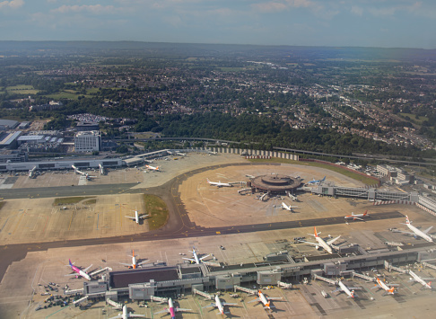 Crawley, Sussex, UK - June 2023: An aerial view of Gatwick Airport in Sussex, UK