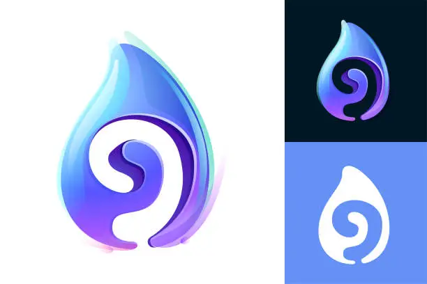 Vector illustration of 9 logo. Pure water drop number nine logo. Eco-friendly 3D realistic icon. Wild wave initial in overlapping watercolor style.
