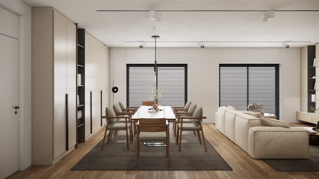 modern living room area design in minimalistic white apartment interior. 3D rendering 4k video animation scene