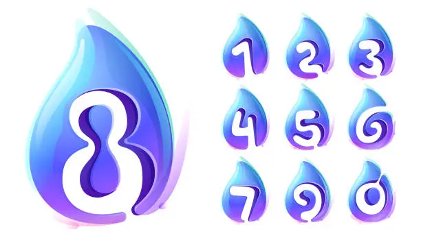 Vector illustration of Pure water drops numbers set. Eco-friendly 3D realistic icons. Wild wave initials in overlapping watercolor style.