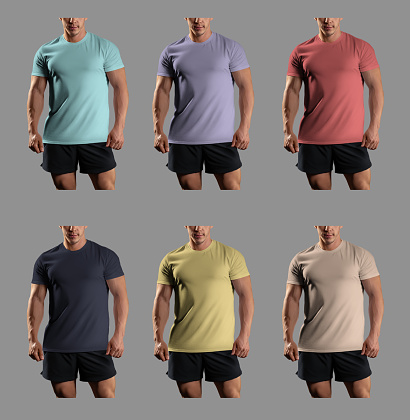 Template of colored t-shirts on a sports man in shorts, product photography presentation, for design, front view. Mockup training apparel for commerce. Set of textured clothes isolated on background.