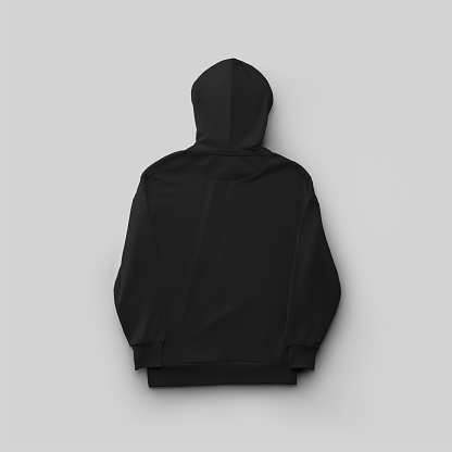 Template of a black long hoodie laid out for the presentation of design, pattern, print, back view. Mockup of stylish apparel, streetwear isolated on background, for commerce. Product photography