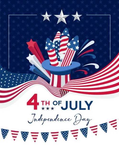 Vector illustration of USA firework, rocket and stars. Happy Independence Day. Fourth of July. 4th of July Banner.