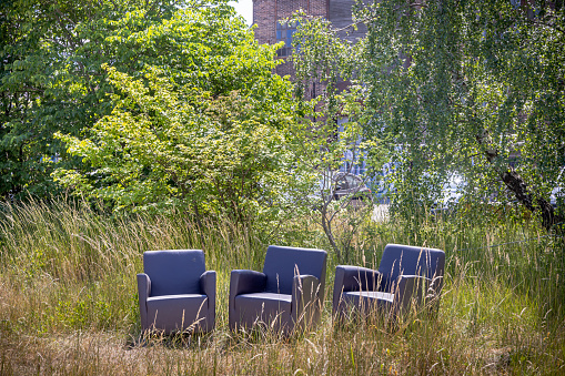 Armchairs between trees in a old deserted industrial area called Refshaleøen, which has grown into a hipster area at the waterfront in a suburb to Copenhagen