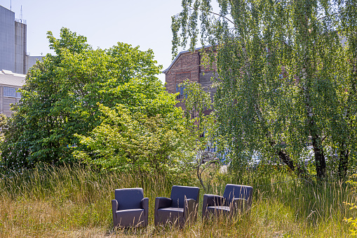 Armchairs between trees in a old deserted industrial area called Refshaleøen, which has grown into a hipster area at the waterfront in a suburb to Copenhagen